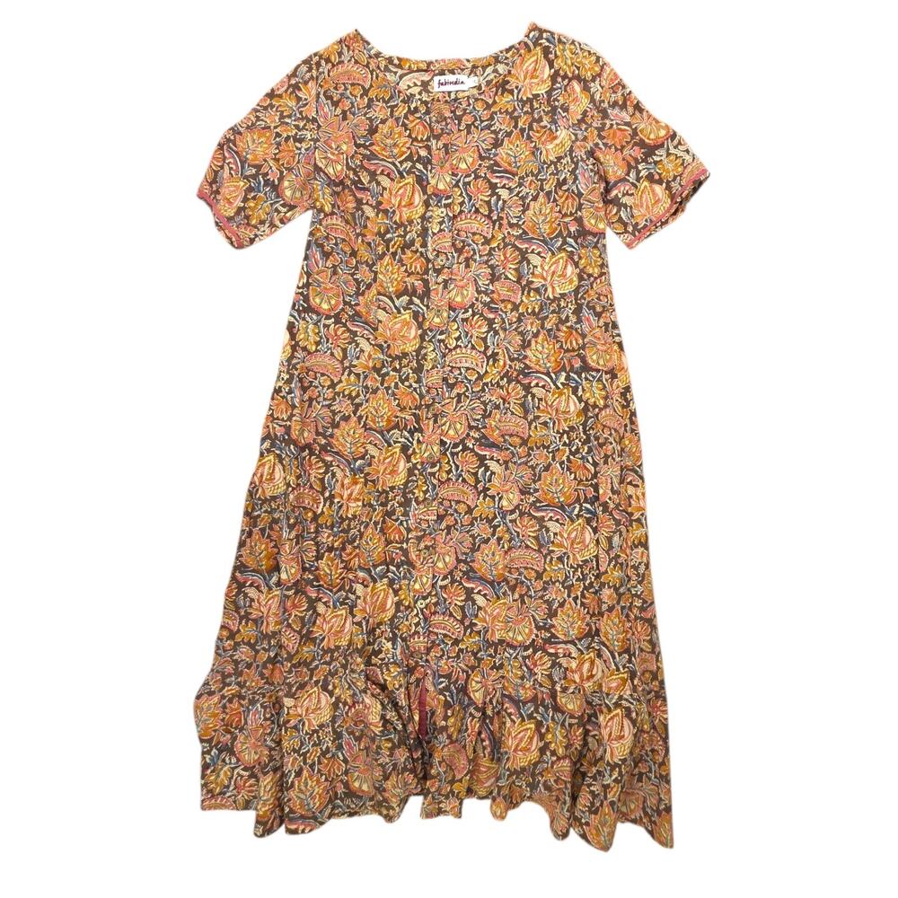Fabindia Size Sml Mustard Brown Button Midi Cotton Dress Tiered Boho Lagenlook